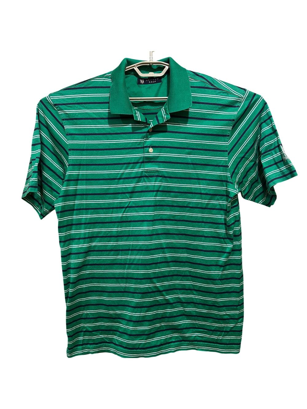 Oxford Golf Polo Shirt Men Size M Green Blue White Striped Mercerized Cotton